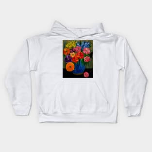 Some abstract vibrant colorful flowers in a glass vase with gold accent on base and top of vase Kids Hoodie